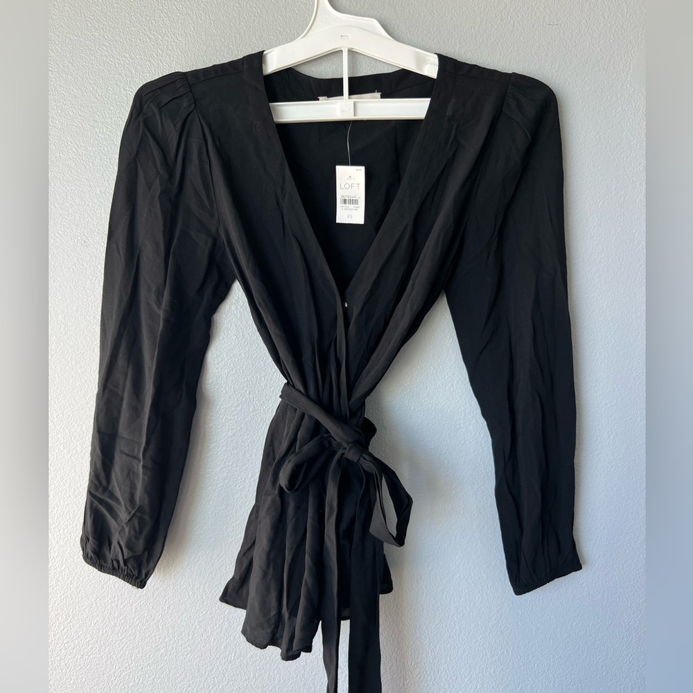 Loft black wrap long sleeve blouse Women’s sz XS NWT